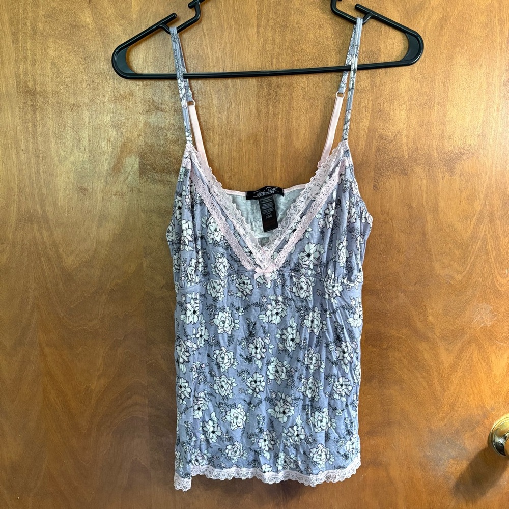 Y2K Purple Floral Pink Lace Trim Babydoll Cami Top Fairy Grunge Goth Coquette